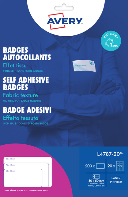 Naambadge etiket Avery L4787-20 80x50mm blauw kader 200 etiketten Naambadge etiket Avery L4787-20 80x50mm blauw kader 200 etiketten