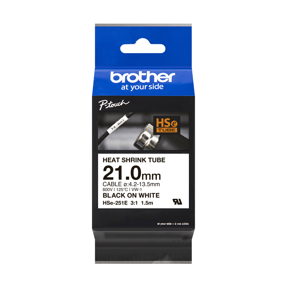 Brother HSE-251E Heat Shrink Tube, 21mm, zwart op wit