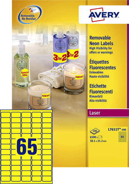 Etiket Avery L7651Y-100 38.1x21.2mm neon geel 6500 etiketten Etiket Avery L7651Y-100 38.1x21.2mm neon geel 6500 etiketten