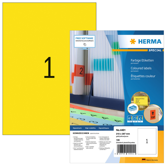 Etiket HERMA 4401 210x297mm A4 geel 100stuks Etiket HERMA 4401 210x297mm A4 geel 100stuks