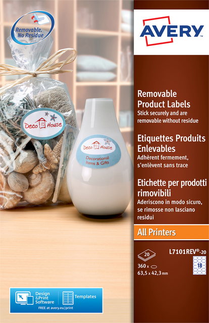 Etiket Avery L7101REV-20 63.5x42.3mm mat wit 360 etiketten Etiket Avery L7101REV-20 63.5x42.3mm mat wit 360 etiketten