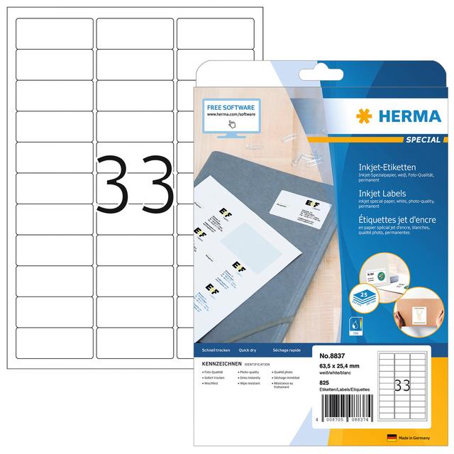 Etiket HERMA 8837 63.5x25.4mm mat wit 825stuks Etiket HERMA 8837 63.5x25.4mm mat wit 825stuks