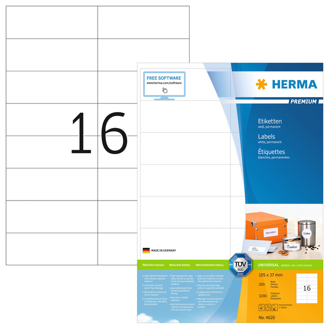 Etiket HERMA 4620 105x37mm premium wit 3200stuks Etiket HERMA 4620 105x37mm premium wit 3200stuks