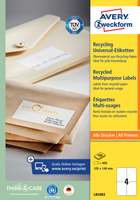 Etiket Avery Zweckform LR3483 105x148mm A6 recycled wit 400 etiketten Etiket Avery Zweckform LR3483 105x148mm A6 recycled wit 400 etiketten