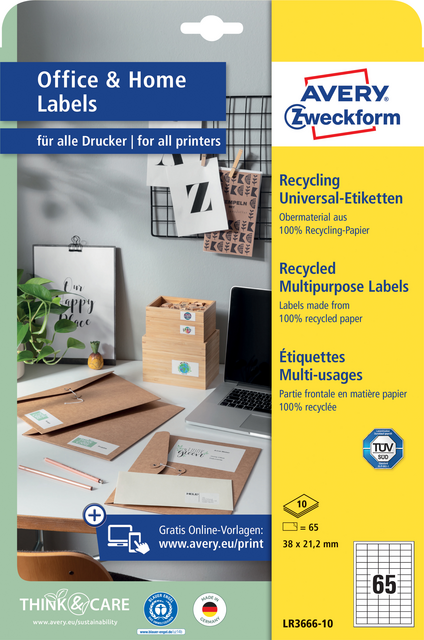 Etiket Avery Zweckform LR3666-10 38x21.2mm recycled wit 650stuks Etiket Avery Zweckform LR3666-10 38x21.2mm recycled wit 650stuks