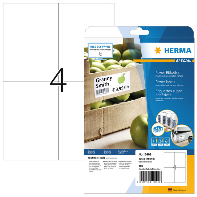 Etiket HERMA Power 10909 105x148mm wit 100stuks Etiket HERMA Power 10909 105x148mm wit 100stuks