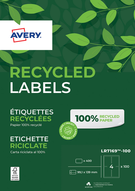 Etiket Avery LR7169-100 99.1x139 mm recycled wit 400 etiketten