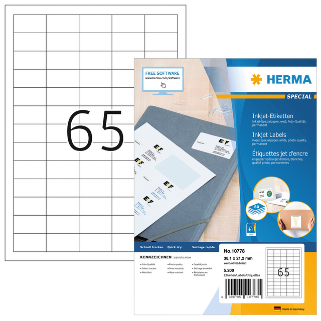 Etiket HERMA 10778 38.1x21.2mm wit 5200stuks Etiket HERMA 10778 38.1x21.2mm wit 5200stuks
