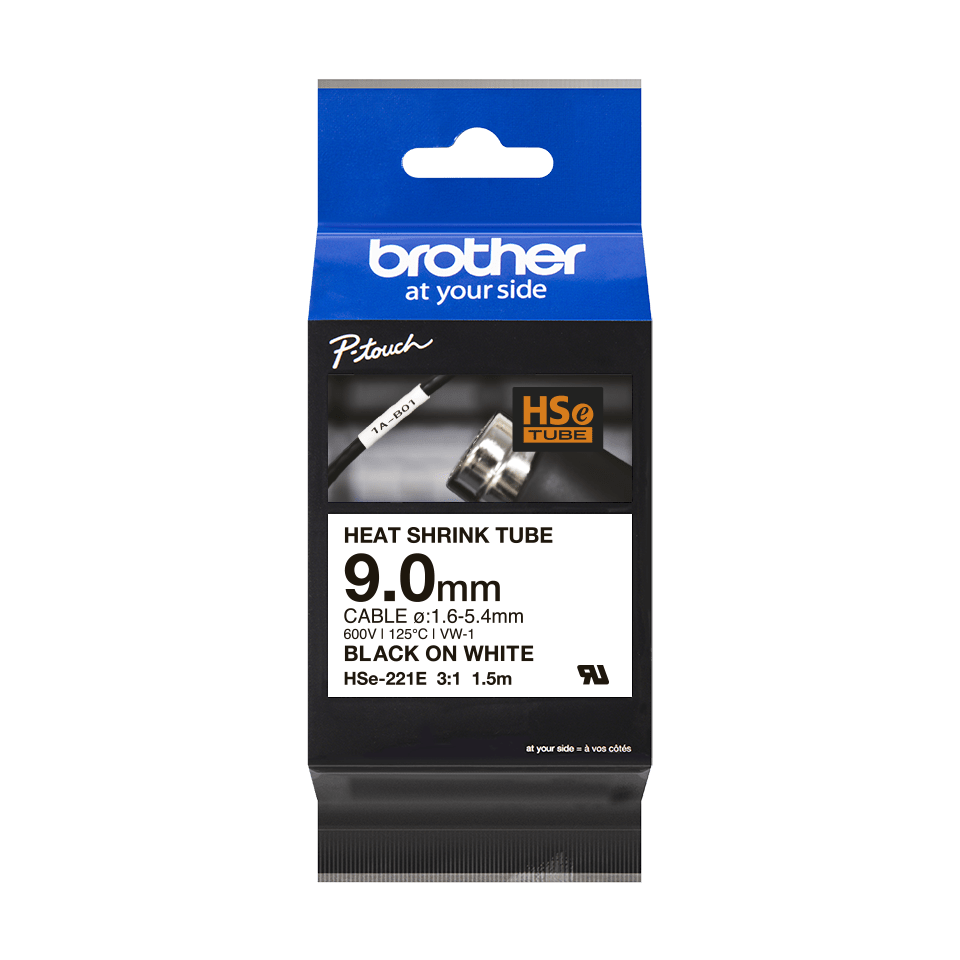 Brother HSE-221E Heat Shrink Tube, 9mm, zwart op wit Brother HSE-221E Heat Shrink Tube, 9mm, zwart op wit
