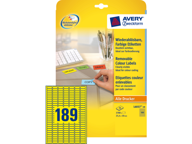 L6037-20 etiket avery zweck l6037-20 25.4x10mm geel 3780st