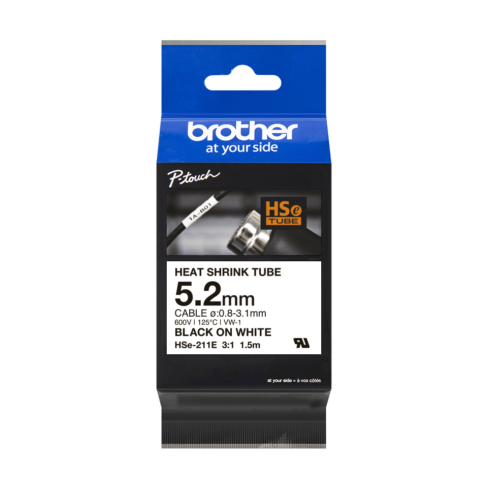 Brother HSE-211E Heat Shrink Tube, 6mm, zwart op wit