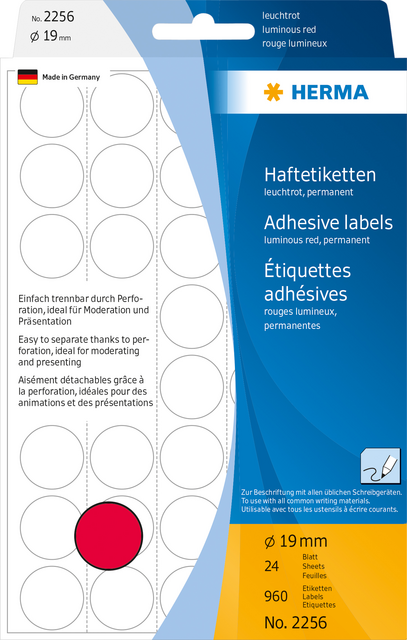 Etiket HERMA 2256 rond 19mm fluor rood 960stuks Etiket HERMA 2256 rond 19mm fluor rood 960stuks