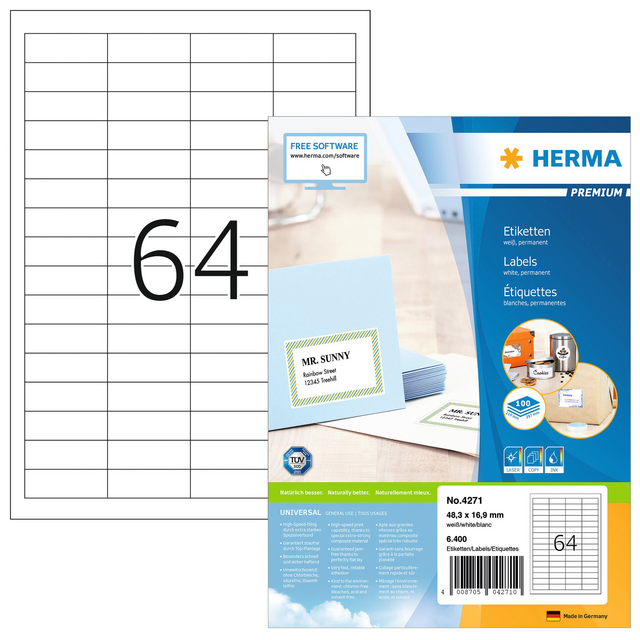 Etiket HERMA 4271 48.3x16.9mm premium wit 6400stuks Etiket HERMA 4271 48.3x16.9mm premium wit 6400stuks