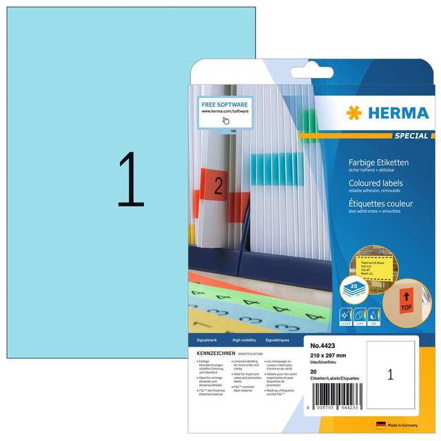 Etiket HERMA 4423 210x297mm A4 verwijderbaar blauw 20stuks Etiket HERMA 4423 210x297mm A4 verwijderbaar blauw 20stuks