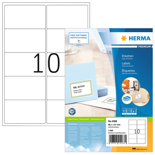 Etiket HERMA 4268 99.1x57mm premium wit 1000stuks Etiket HERMA 4268 99.1x57mm premium wit 1000stuks