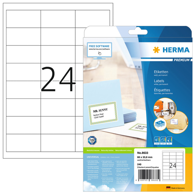 Etiket HERMA 8633 66x33.8mm premium wit 240stuks Etiket HERMA 8633 66x33.8mm premium wit 240stuks