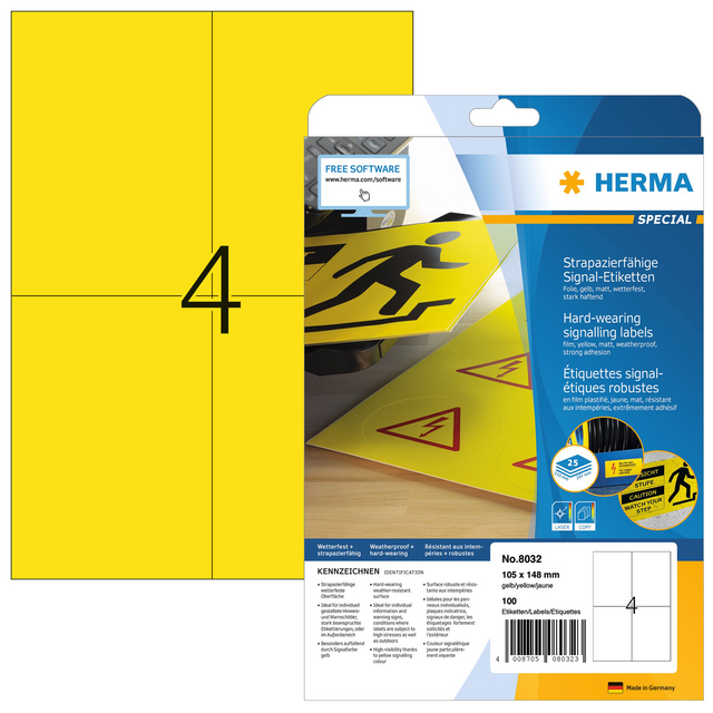 Etiket HERMA 8032 105x148mm weerbestendig geel 100stuks Etiket HERMA 8032 105x148mm weerbestendig geel 100stuks