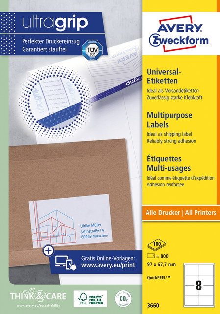 Etiket Avery Zweckform 3660 97x67.7mm wit 800stuks Etiket Avery Zweckform 3660 97x67.7mm wit 800stuks