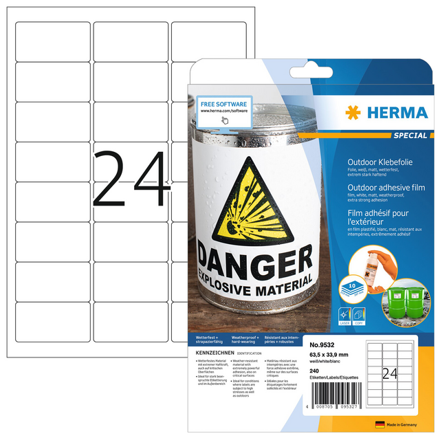 Etiket HERMA 9532 63.5x33.9mm weerbestendig wit 240st Etiket HERMA 9532 63.5x33.9mm weerbestendig wit 240st