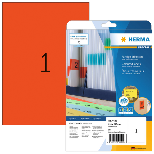 Etiket HERMA 4422 210x297mm A4 verwijderbaar rood 20stuks Etiket HERMA 4422 210x297mm A4 verwijderbaar rood 20stuks
