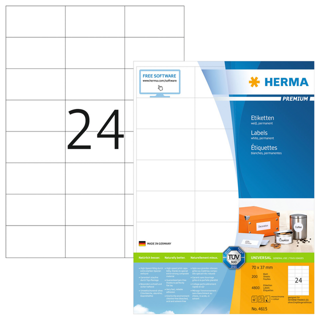 Etiket HERMA 4615 70x37mm premium wit 4800stuks Etiket HERMA 4615 70x37mm premium wit 4800stuks