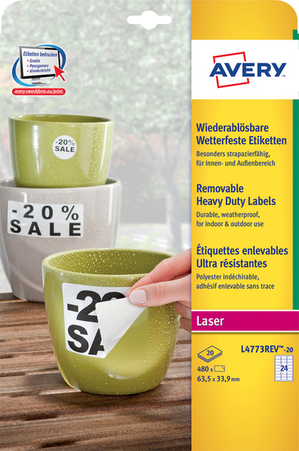 Etiket Avery L4773REV-20 63.5x33.9mm wit 480 etiketten Etiket Avery L4773REV-20 63.5x33.9mm wit 480 etiketten