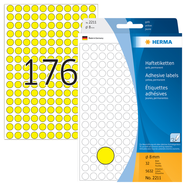 Etiket HERMA 2211 rond 8mm geel 5632stuks Etiket HERMA 2211 rond 8mm geel 5632stuks