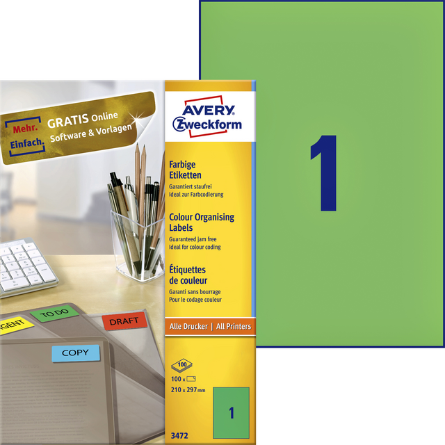 Etiket Avery Zweckform 3472 210x297mm A4 groen 100stuks Etiket Avery Zweckform 3472 210x297mm A4 groen 100stuks