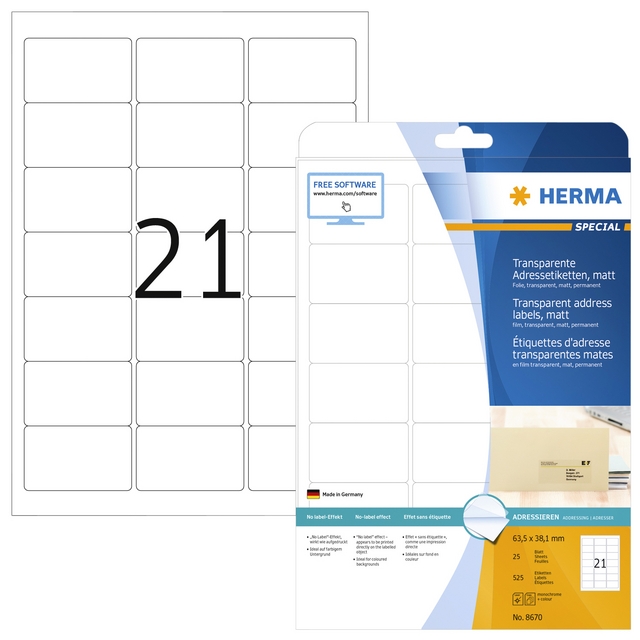 8670 etiket herma 8670 a4 63.5x38.1mm folie transp mat