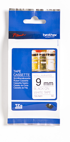 TZe-N221 9mm niet-gelamineerd zwart op wit TZe-N221 9mm niet-gelamineerd zwart op wit