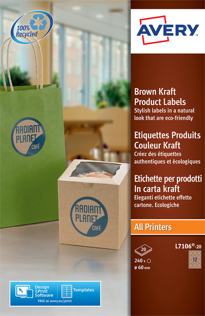 Etiket Avery L7106-20 60mm bruin 240 etiketten Etiket Avery L7106-20 60mm bruin 240 etiketten