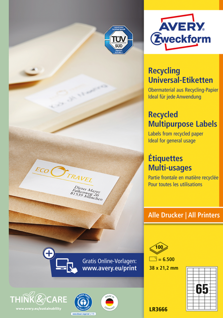 Etiket Avery Zweckform LR3666 38x21.2mm recycled wit 6500 etiketten Etiket Avery Zweckform LR3666 38x21.2mm recycled wit 6500 etiketten