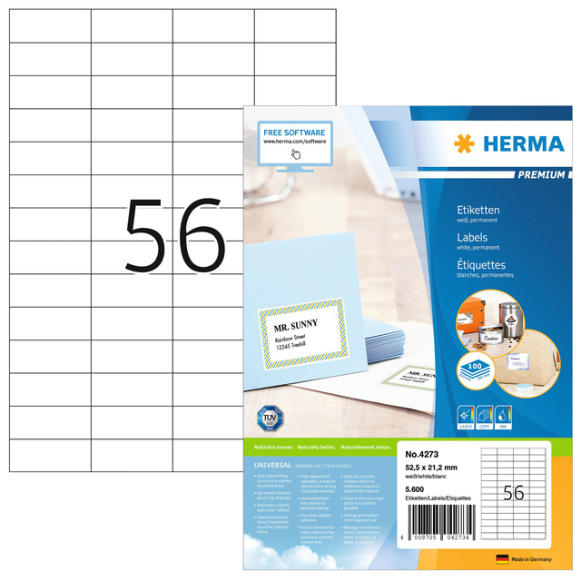 Etiket HERMA 4273 52.5x21.2mm premium wit 5600stuks Etiket HERMA 4273 52.5x21.2mm premium wit 5600stuks