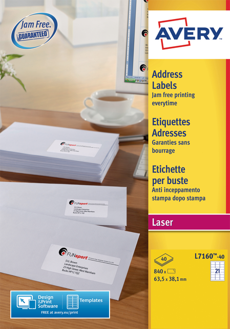 Etiket Avery L7160-40 63.5x38.1mm wit 840 etiketten