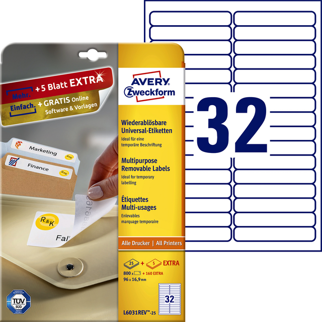 Etiket Avery Zweckform L6031REV-25 96x16.9mm afneembaar wit 800stuks Etiket Avery Zweckform L6031REV-25 96x16.9mm afneembaar wit 800stuks