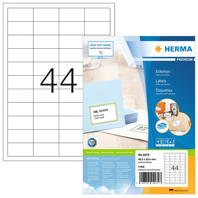 Etiket HERMA 4272 48.3x25.4mm premium wit 4400stuks Etiket HERMA 4272 48.3x25.4mm premium wit 4400stuks