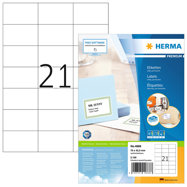 Etiket HERMA 4668 70x42.3mm premium wit 2100 etiketten Etiket HERMA 4668 70x42.3mm premium wit 2100 etiketten