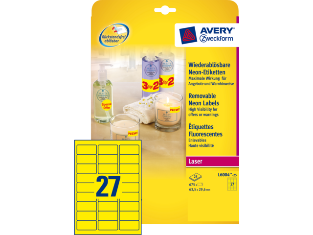 L6004-25 etiket avery l6004-25 63.5x29.6 neon geel 675st
