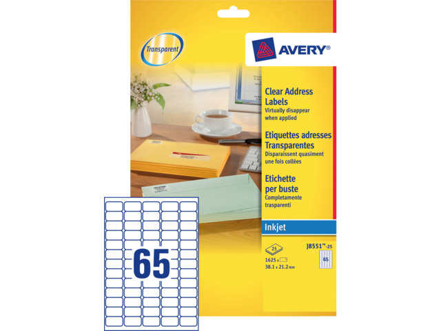 J8551-25 etiket avery j8551-25 38.1x21.2mm 1625st transp