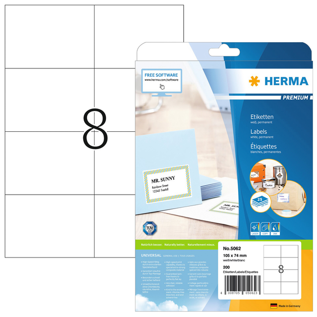 Etiket HERMA 5062 105x74mm premium wit 200stuks Etiket HERMA 5062 105x74mm premium wit 200stuks