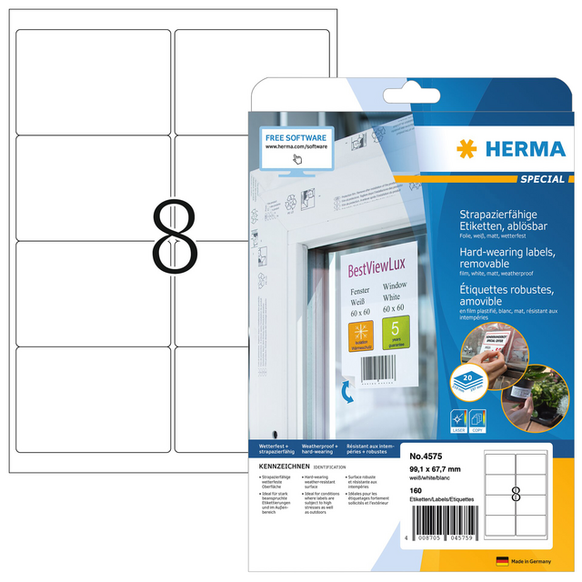 Etiket HERMA 4575 99.1x67.7mm folie wit 160 etiketten Etiket HERMA 4575 99.1x67.7mm folie wit 160 etiketten