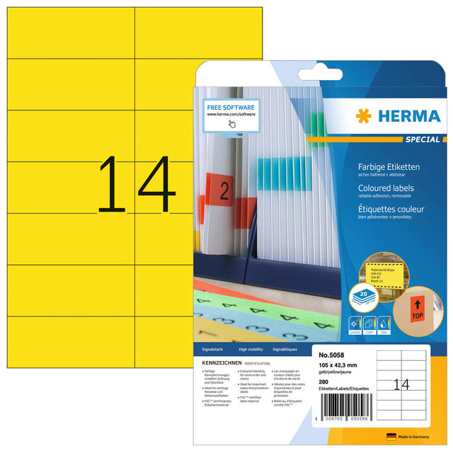 Etiket HERMA 5058 105x42.3mm verwijderbaar geel 280stuks Etiket HERMA 5058 105x42.3mm verwijderbaar geel 280stuks