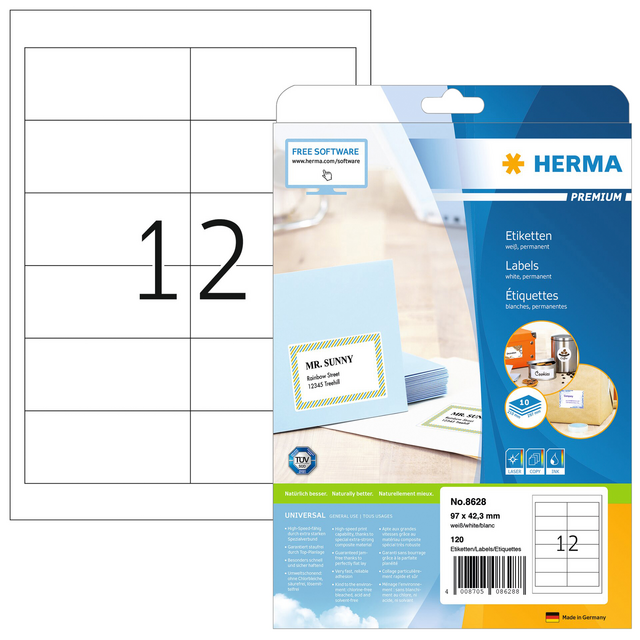 Etiket HERMA 8628 97x42.3mm premium wit 120stuks Etiket HERMA 8628 97x42.3mm premium wit 120stuks