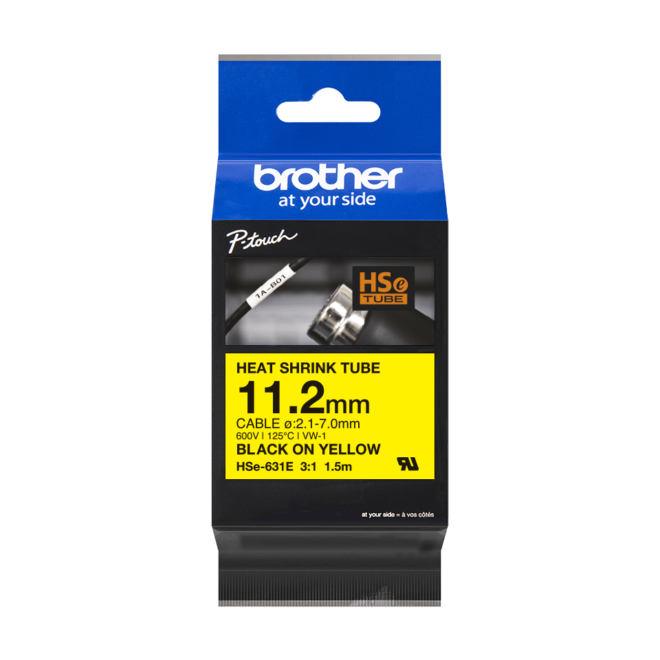 Brother HSE-631E Heat Shrink Tube, 11,2mm, zwart op geel