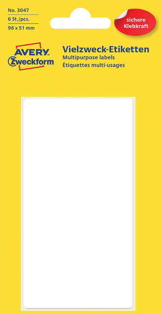 Etiket Avery Zweckform 3047 98x51mm wit 6 etiketten Etiket Avery Zweckform 3047 98x51mm wit 6 etiketten