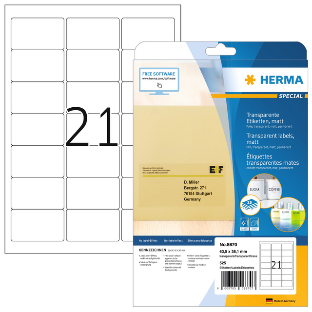 Etiket HERMA 8670 A4 63.5x38.1mm folie transparant mat 525st Etiket HERMA 8670 A4 63.5x38.1mm folie transparant mat 525st