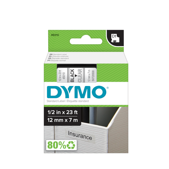 Dymo 45010 D1 Tape 12mm x 7m zwart op transparant Dymo 45010 D1 Tape 12mm x 7m zwart op transparant