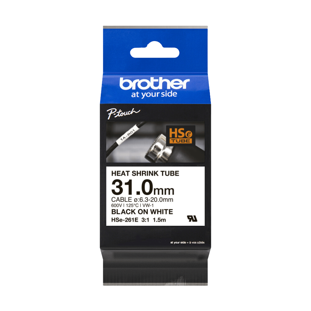 Brother HSE-261E Heat Shrink Tube, 31mm, zwart op wit Brother HSE-261E Heat Shrink Tube, 31mm, zwart op wit