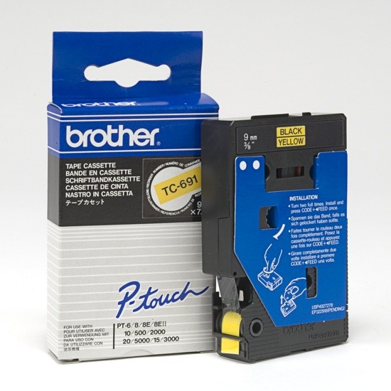 TC-691 Brother tape zwart op geel 9mm breed TC-691 Brother tape zwart op geel 9mm breed