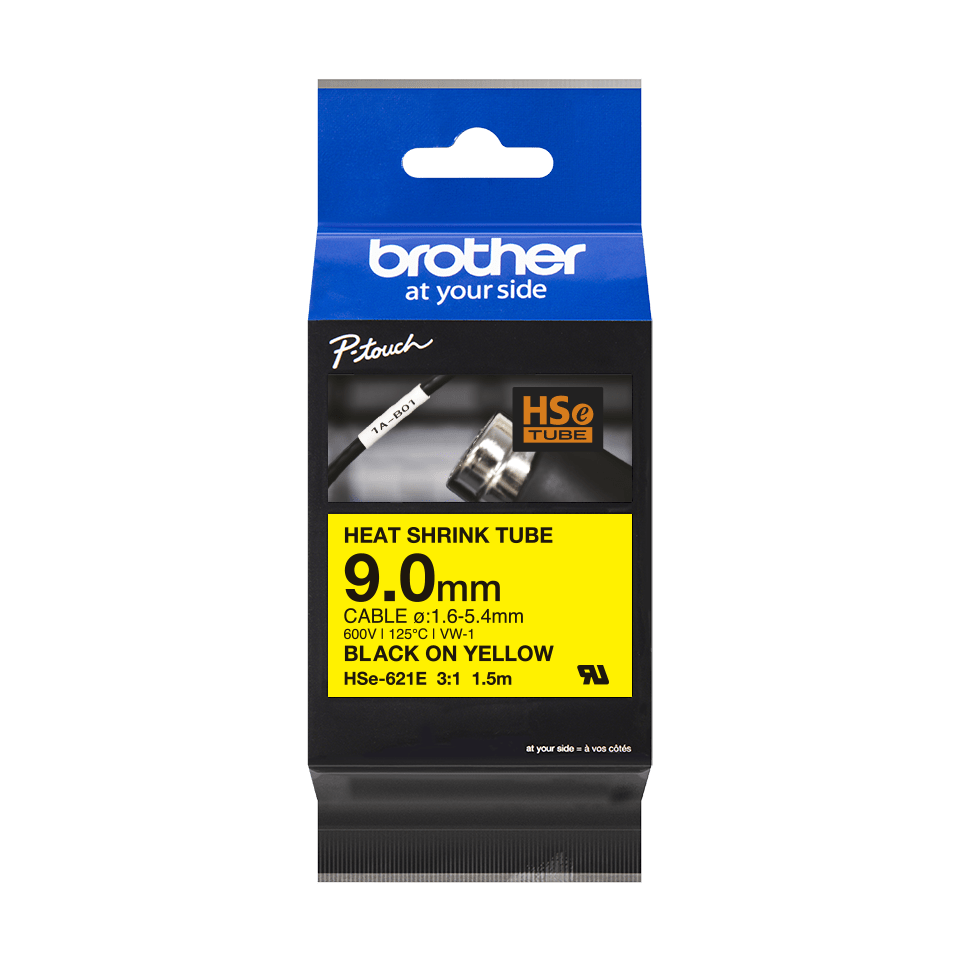 Brother HSE-621E Heat Shrink Tube, 9mm, zwart op geel